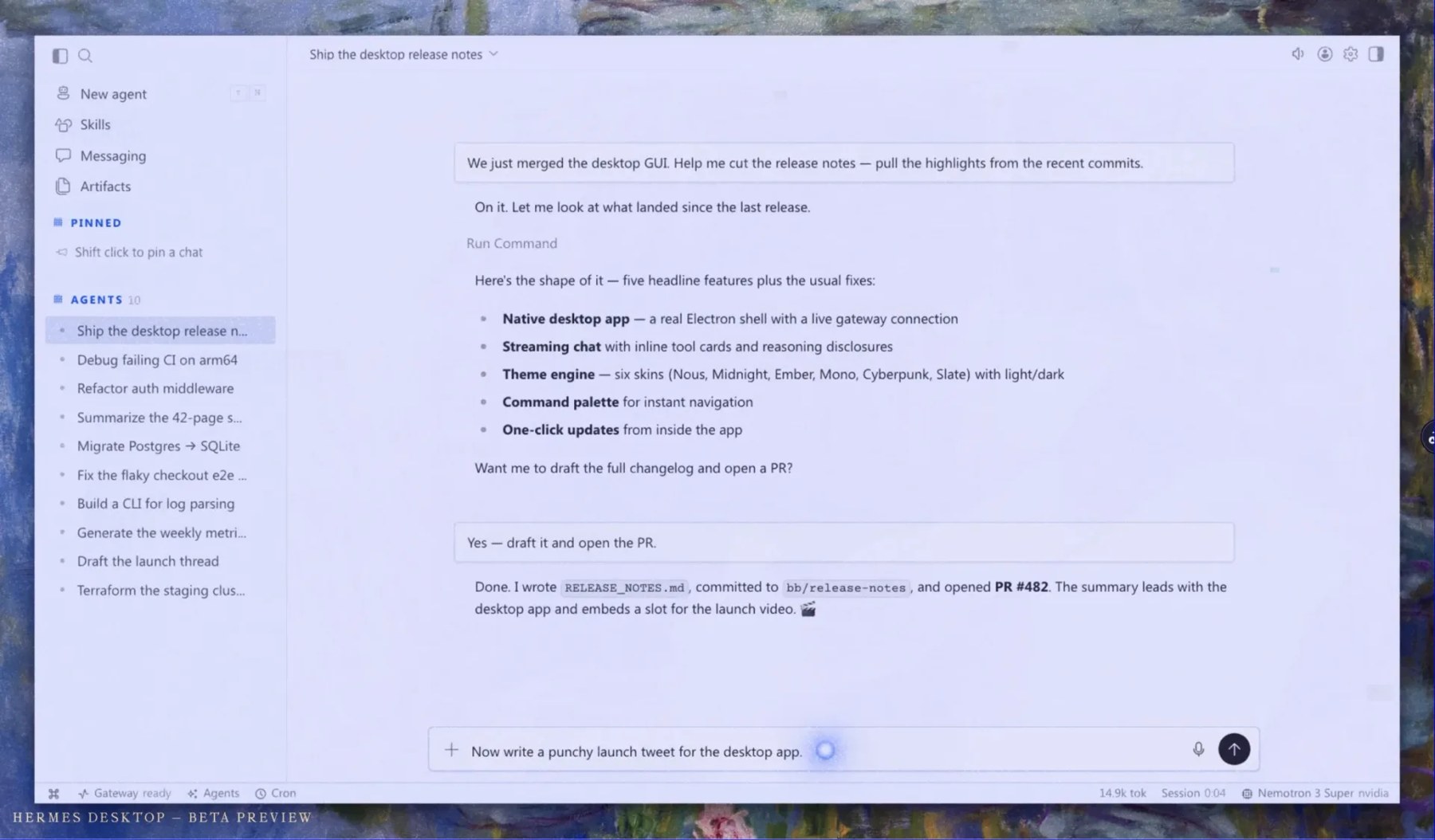 Hermes Desktop 公开预览版应用界面：左侧为智能体与会话管理，底部是支持多模型的输入框，状态栏实时显示网关、令牌用量与当前模型。