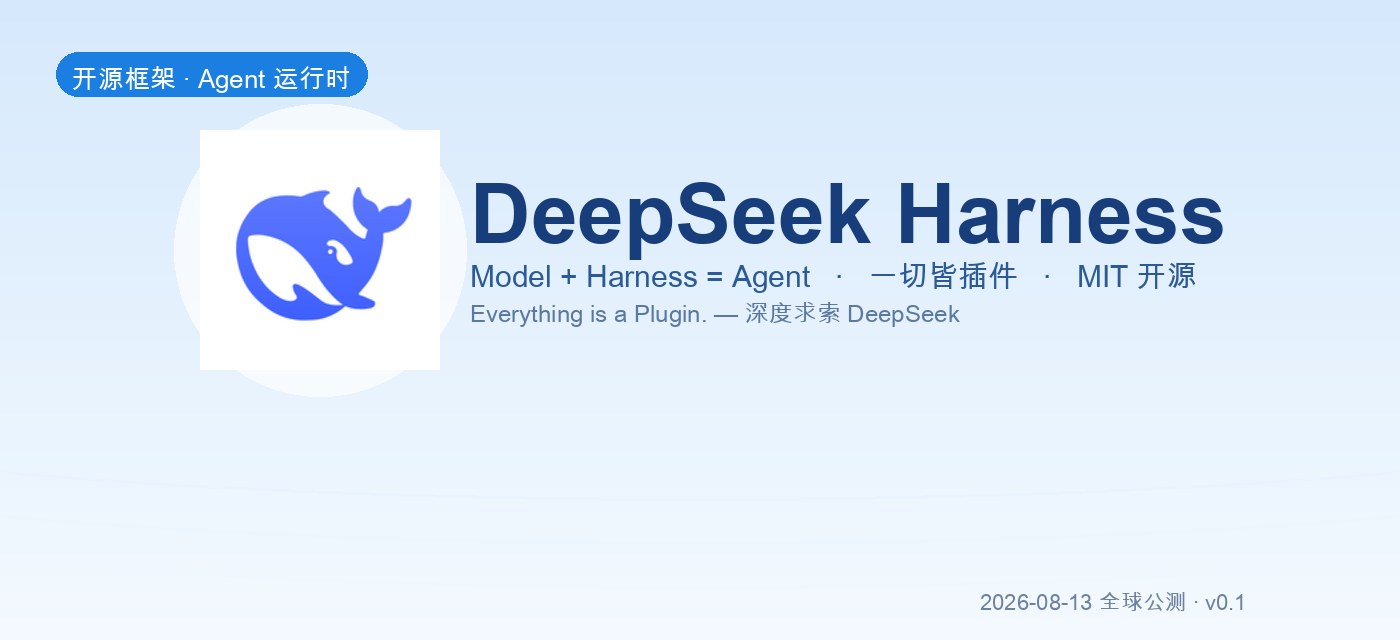 深度求索（DeepSeek）于 2026-08-13 以 MIT 协议开源智能体运行时 DeepSeek Harness，官方口号“Everything is a Plugin.”