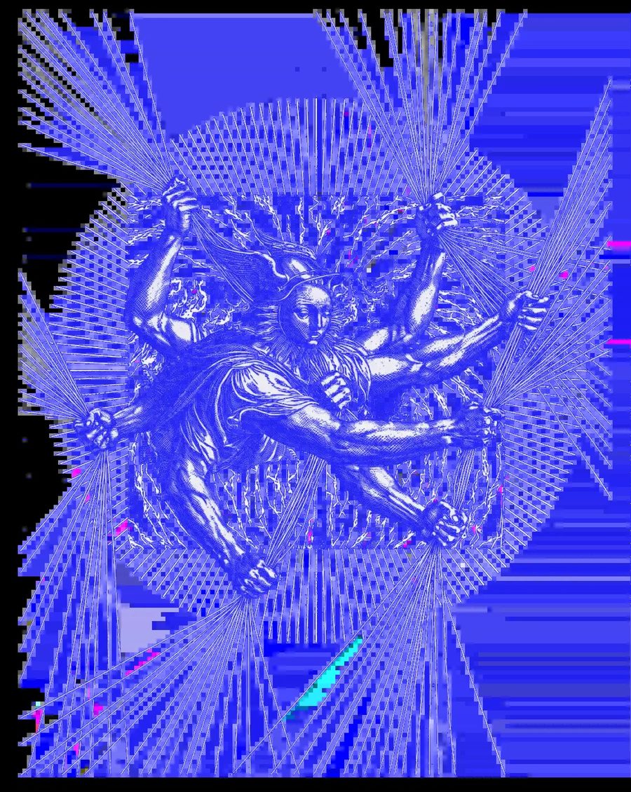 Hermes 的品牌视觉：一个带有错位/故障美学的多重手臂雕像——象征智能体的多任务与无处不在。