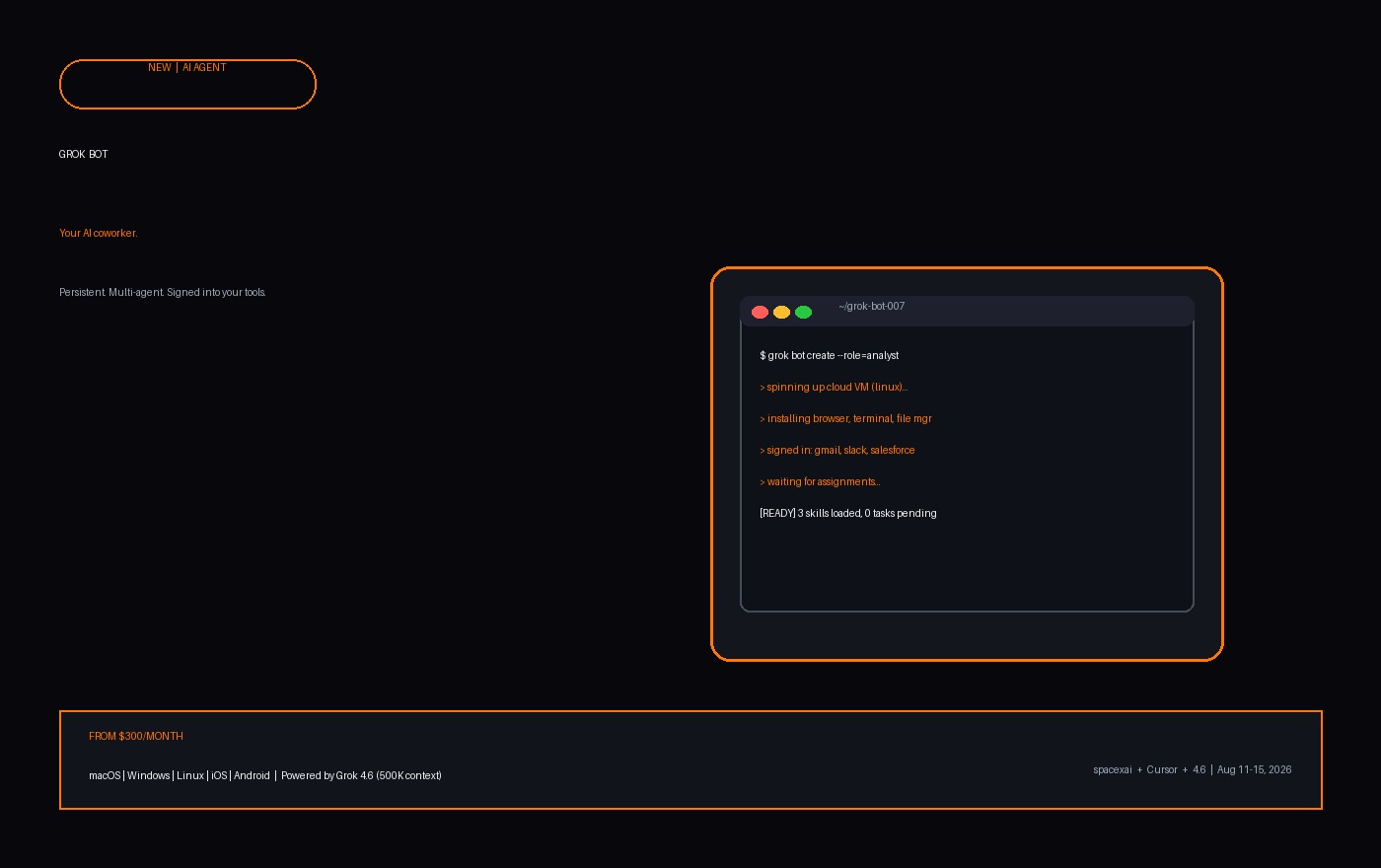 Grok Bot 官方主视觉：Your AI coworker — Persistent. Multi-agent. Signed into your tools. 售价 300 美元/月起。
