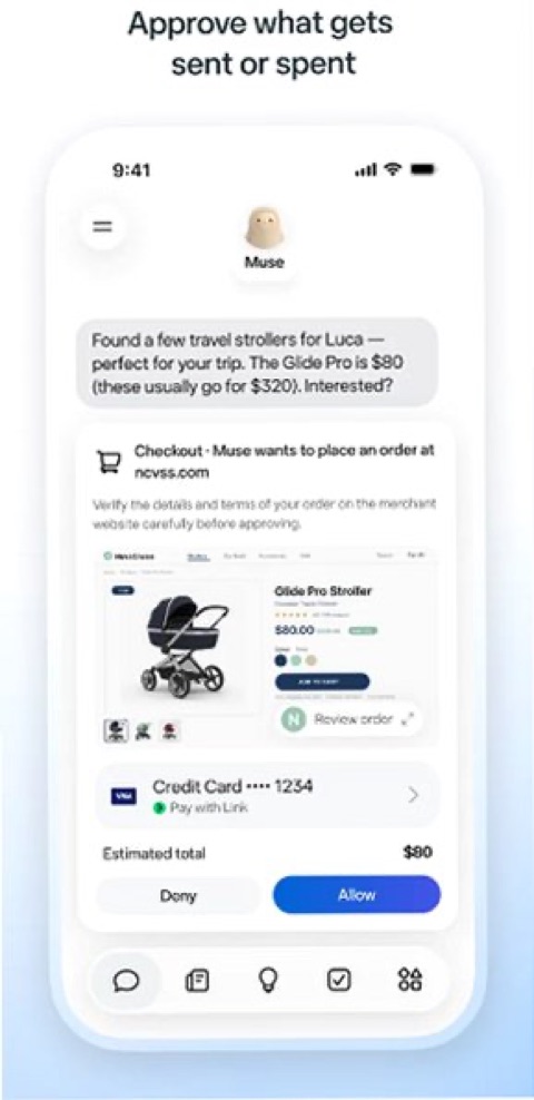 Muse 在下单付款前请求审批，经 Stripe Link 结账并生成一次性卡（来源：Meta）