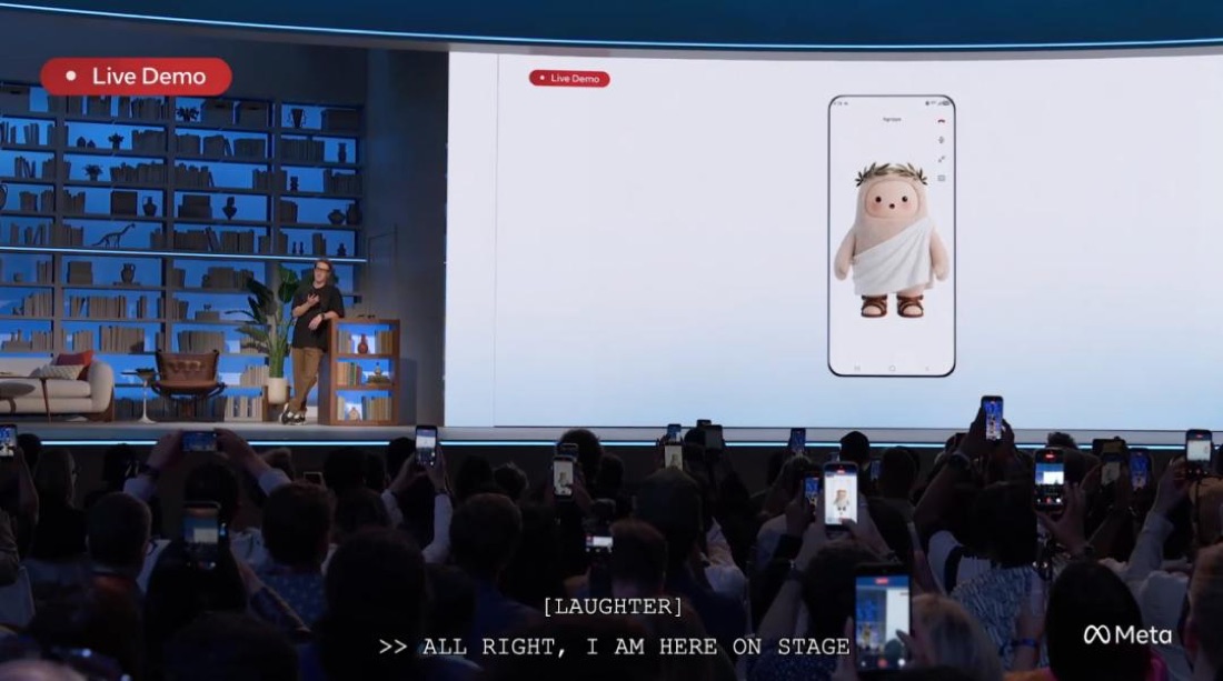 Connect 2026 Live Demo：大屏手机中身着罗马长袍、头戴桂冠的 Muse 形象（来源：Meta）