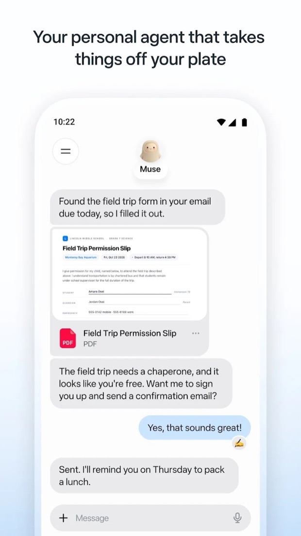 Muse 应用对话界面：自动发现并填写邮件里的野外考察许可表（来源：Meta）