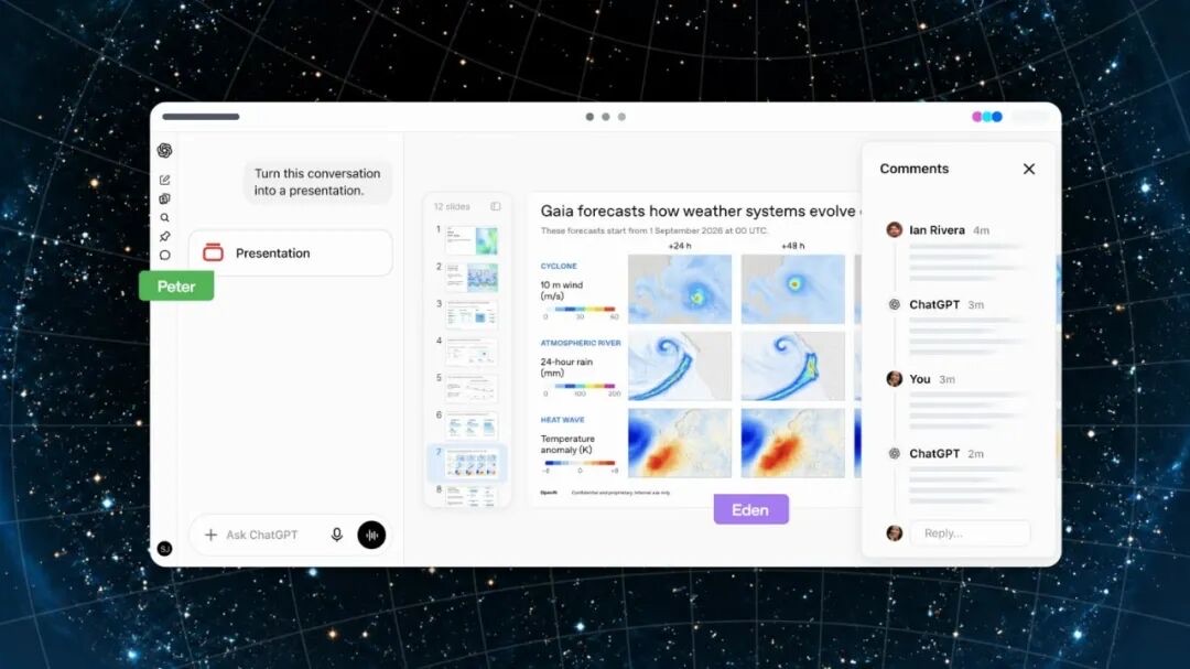 ChatGPT 协作幻灯片，团队与多个智能体同时编辑、评论（来源：OpenAI）