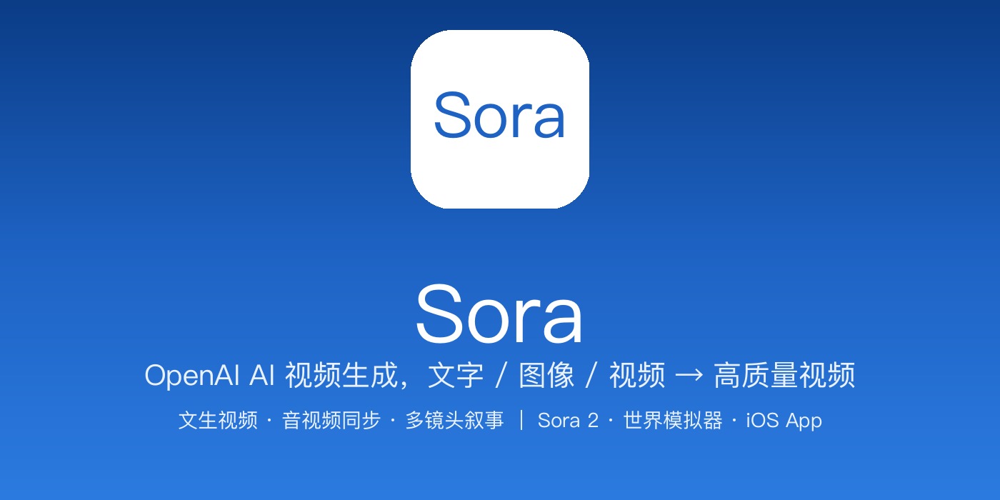 Sora 品牌横幅：深蓝→亮蓝渐变 + 品牌「Sora」标识 + 文字/图像/视频生成高质量视频