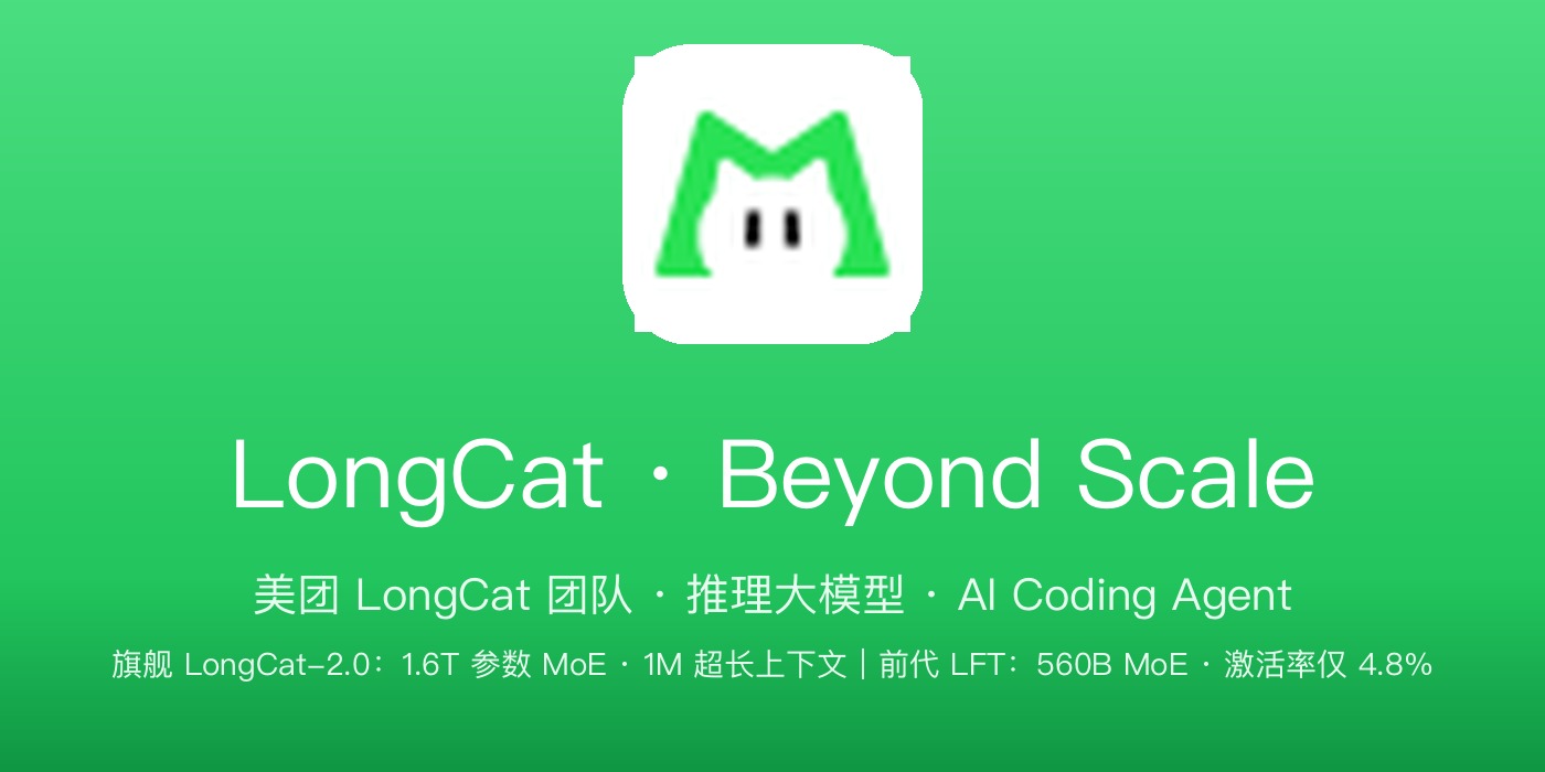 LongCat 美团 LongCat 品牌横幅：绿色渐变 + 绿耳猫头标识 + LongCat-2.0 万亿 MoE / 1M 上下文