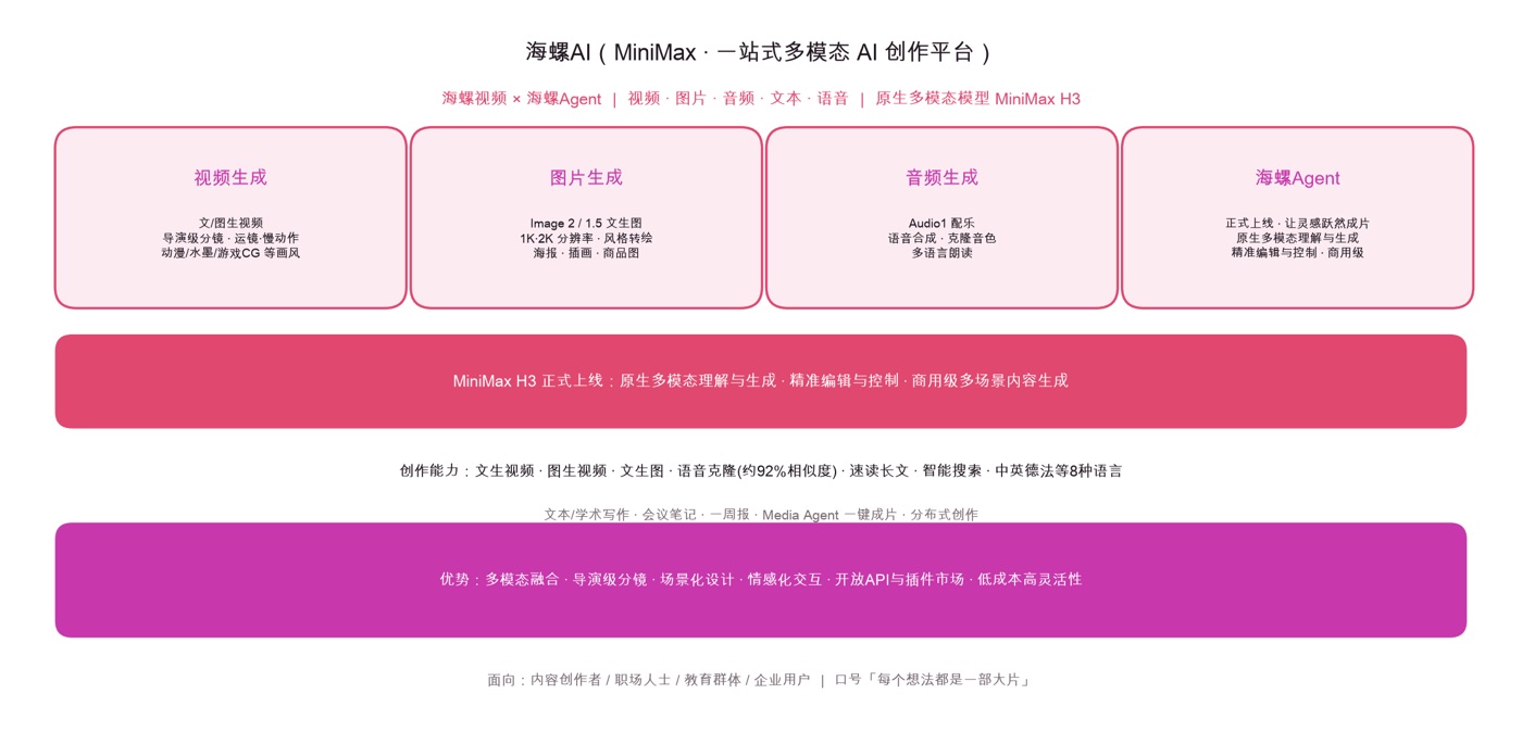 图:海螺AI 四大创作模块、MiniMax H3 与核心优势 海螺AI 四大创作模块(视频/图片/音频/海螺Agent)、MiniMax H3 与核心优势