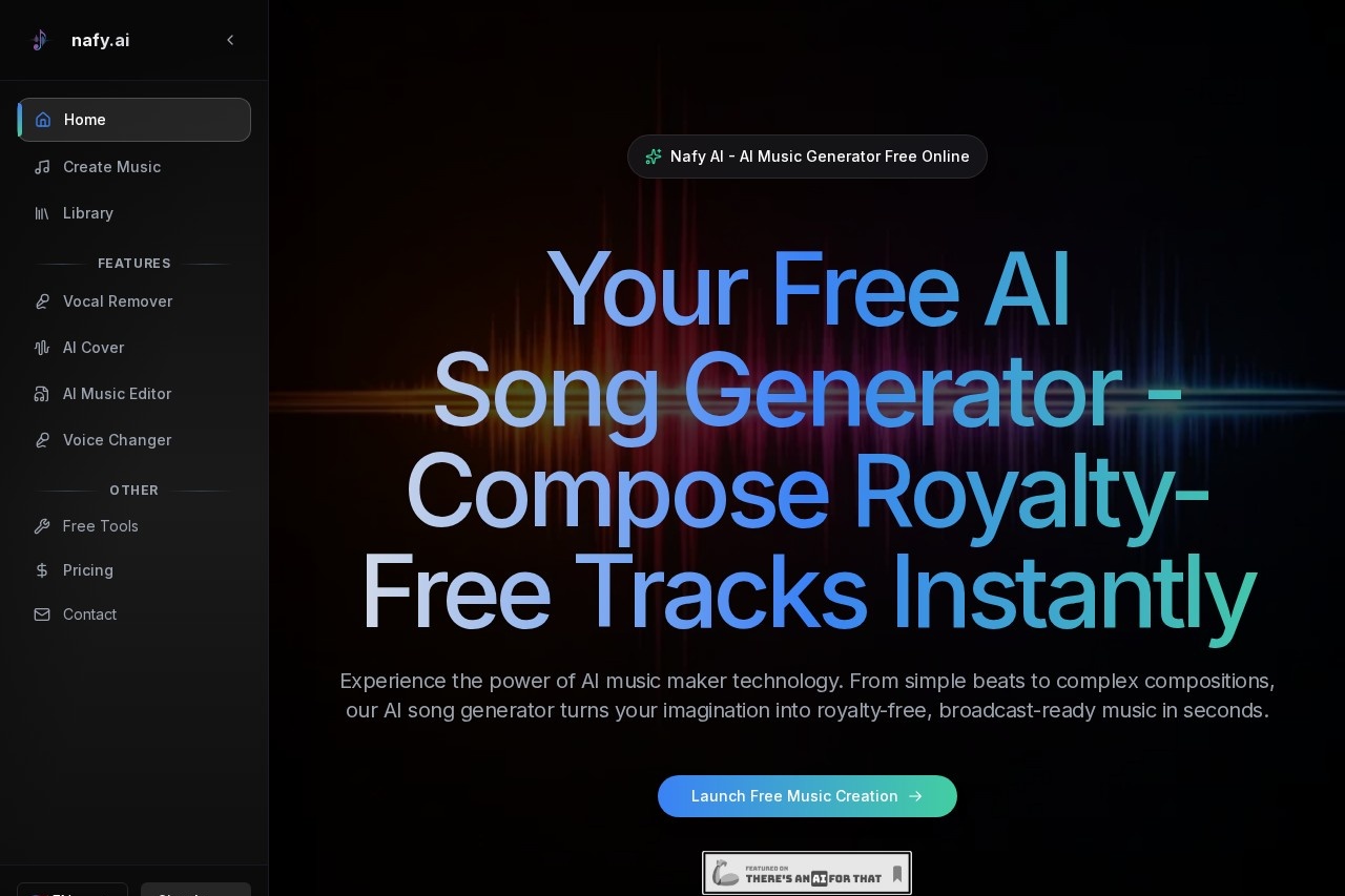 图 4:英文首页——支持多语言的免费创作入口 Nafy AI 英文首页:Your Free AI Song Generator,支持免版税音乐即时创作