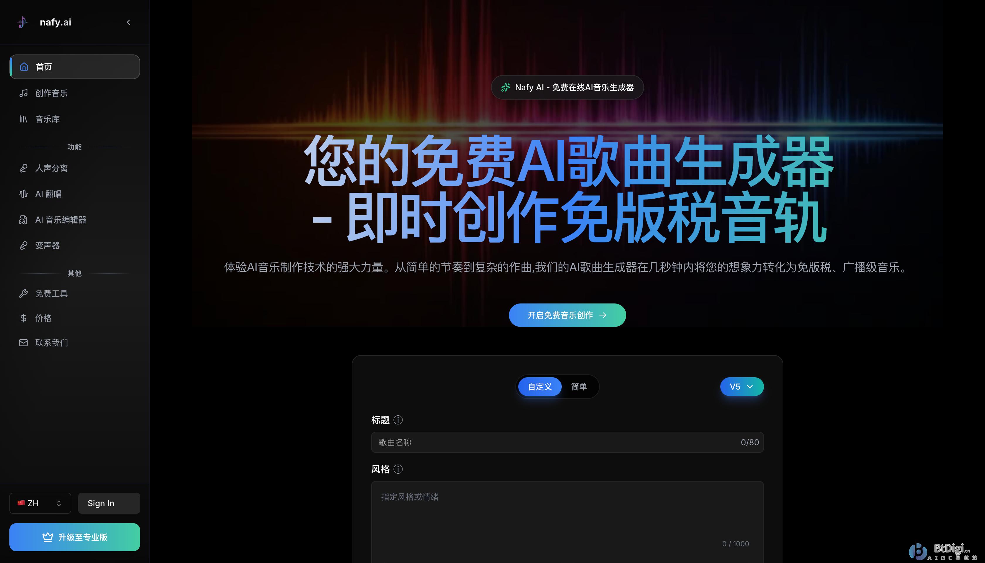 图 3:中文首页——完整功能菜单与自定义创作面板 Nafy AI 中文首页:左侧功能菜单含人声分离、AI 翻唱、音乐编辑器、变声器,右侧自定义创作面板与 V5 模型选择