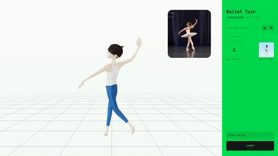 Viggle PINOC 界面：从芭蕾视频生成 3D 角色动作并导出