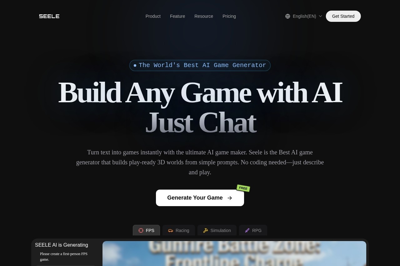 图 1:Seele AI 最新官网——用对话生成任意游戏 Seele AI 最新官网首页:Build Any Game with AI Just Chat,用对话生成游戏