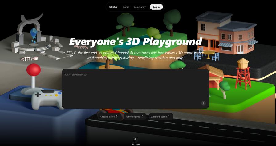 图 2:“Everyone's 3D Playground”——一句话创作 3D 内容 Seele 官网首屏 Everyone's 3D Playground,中央输入框 Create anything in 3D